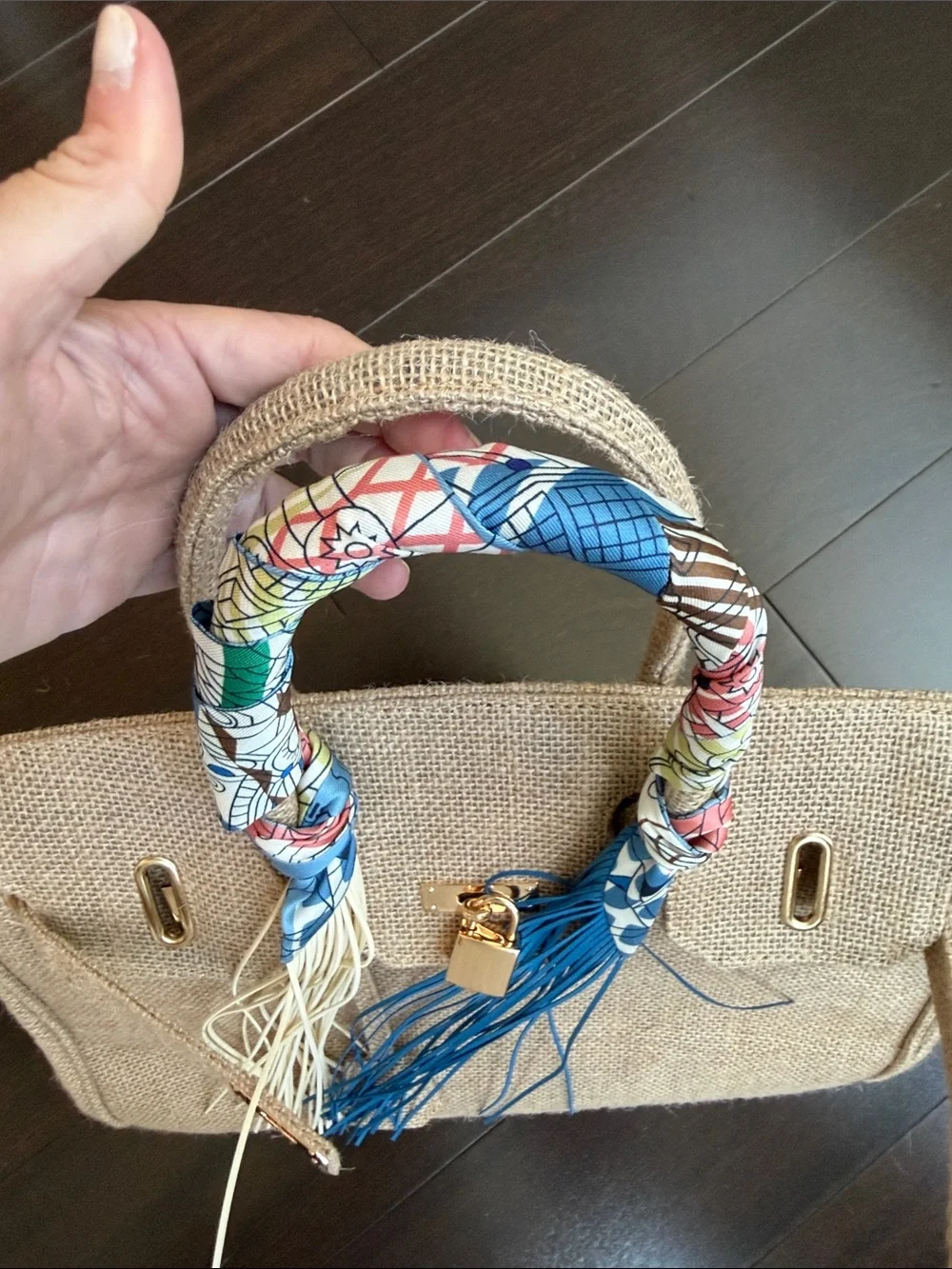 Amazon Natural Linen Satchel with Blue & Cream Tassels Medium